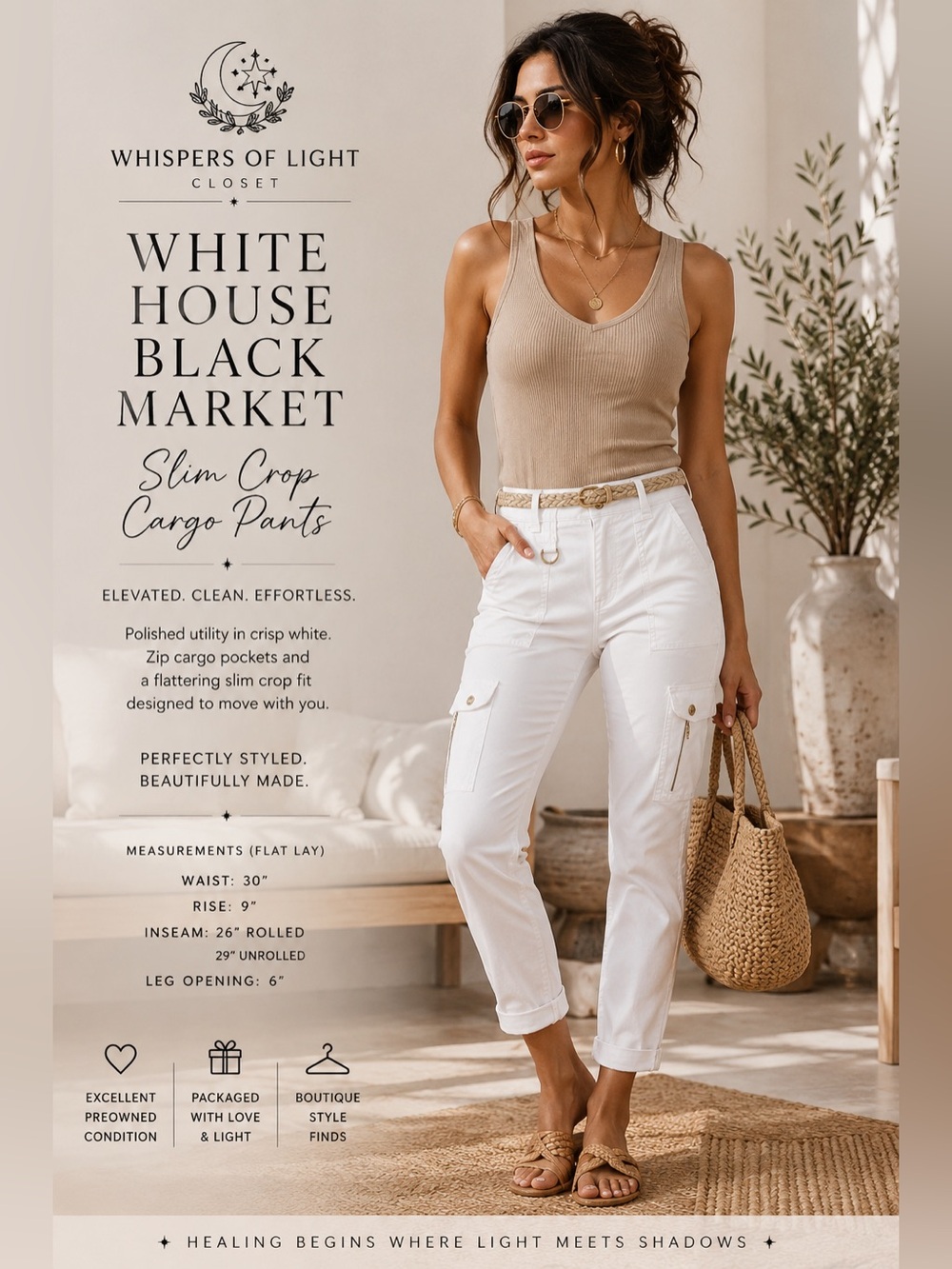White House Black Market Slim Crop Cargo Pants | White Utility Chic | Size 4